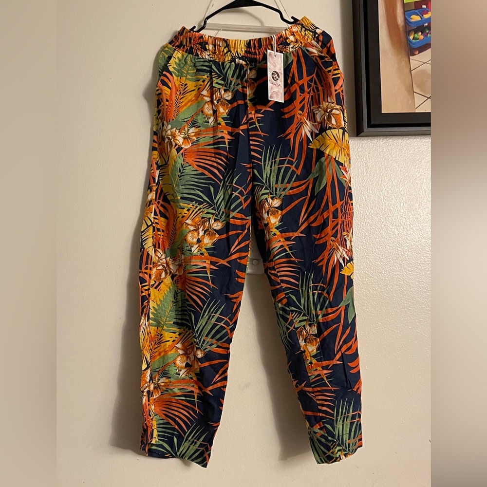 Panama Jack Hawaiian Leaf Print Linen Blend Elastic Waist Floral Wide Leg Pants - Picture 1 of 4
